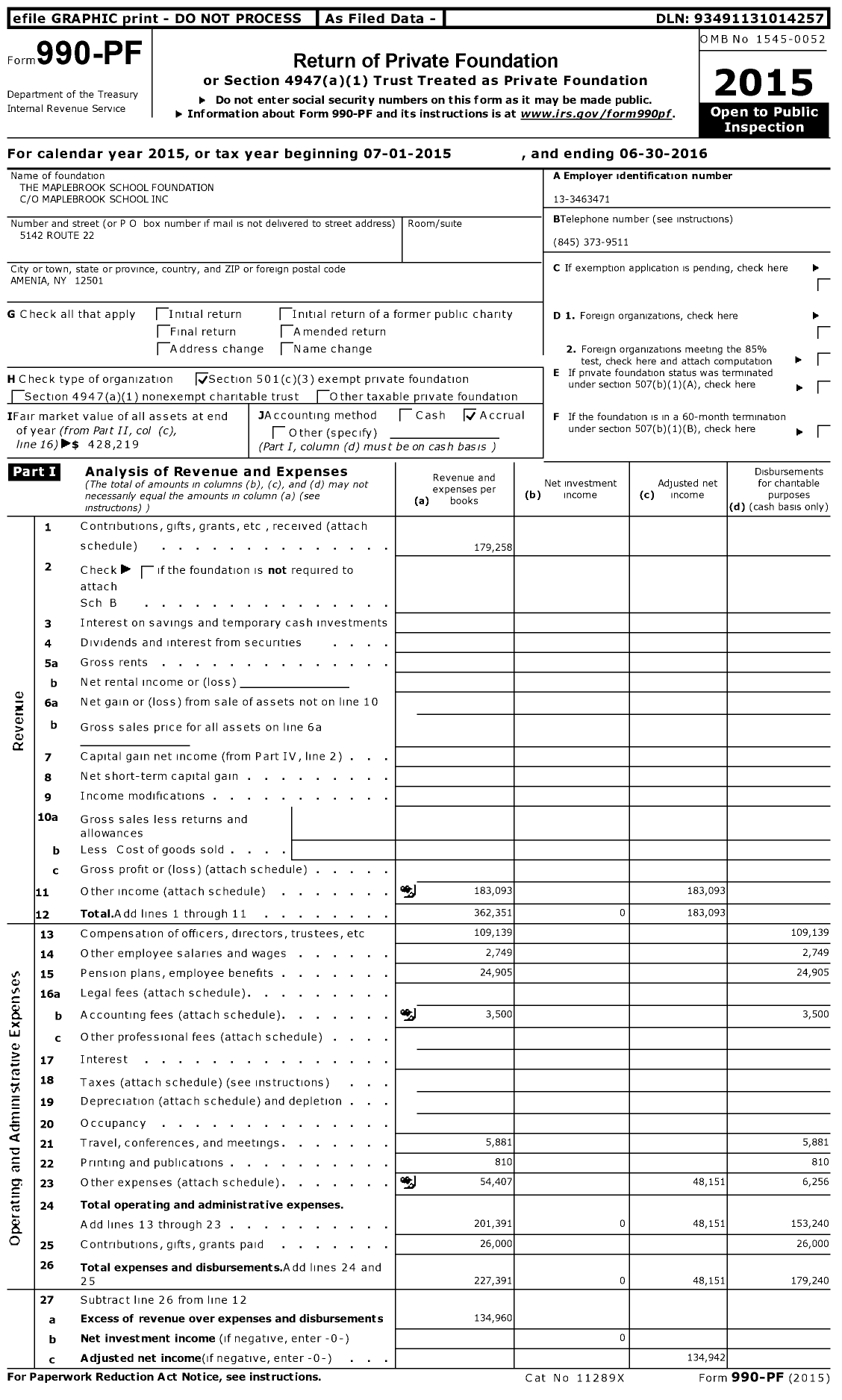 Image of first page of 2015 Form 990PF for The Maplebrook School Foundation