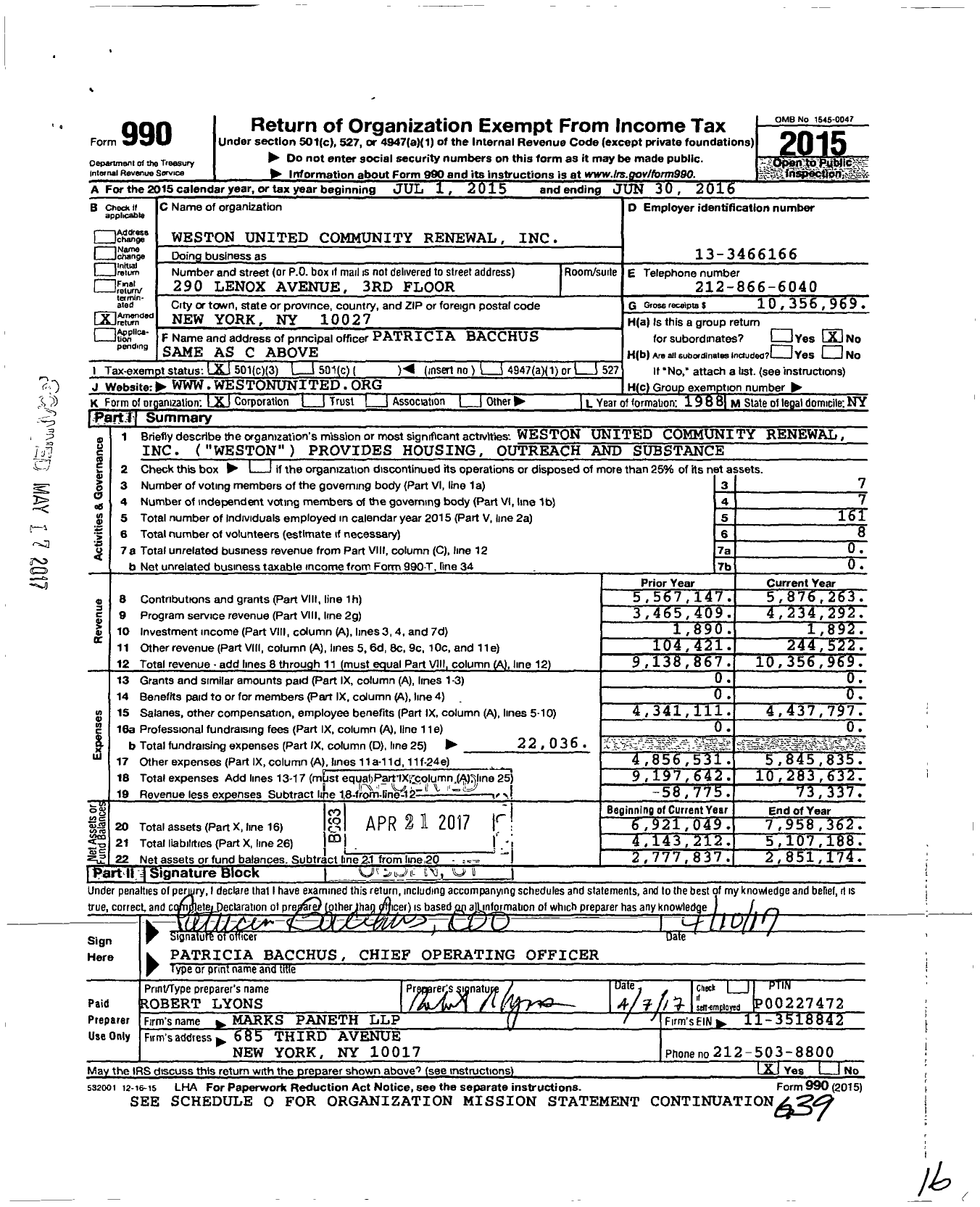 Image of first page of 2015 Form 990 for Weston United Community Renewal