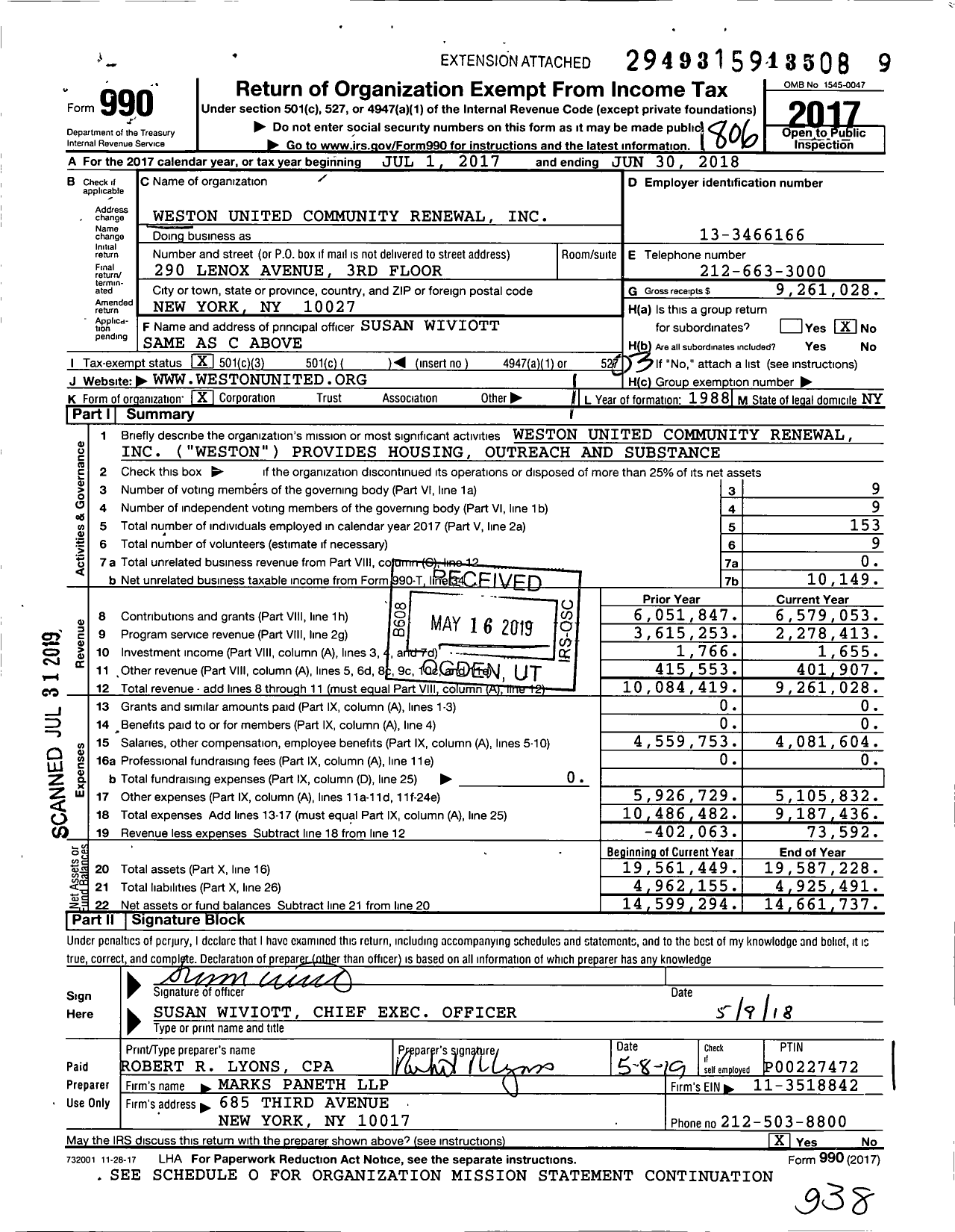 Image of first page of 2017 Form 990 for Weston United Community Renewal