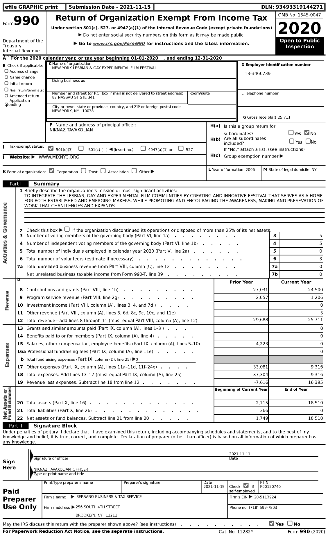 Image of first page of 2020 Form 990 for New York Lesbian and Gay Experimental Film Festival