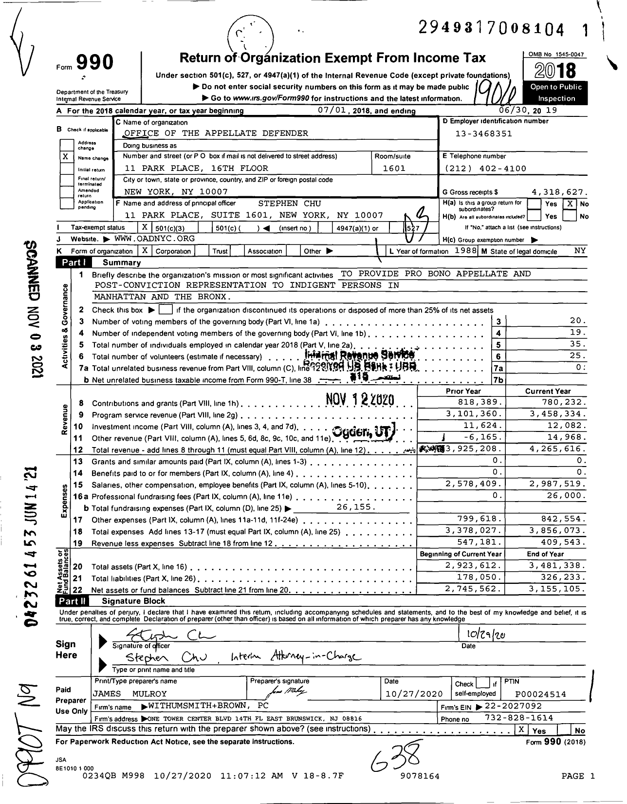 Image of first page of 2018 Form 990 for Office Of The Appellate Defender