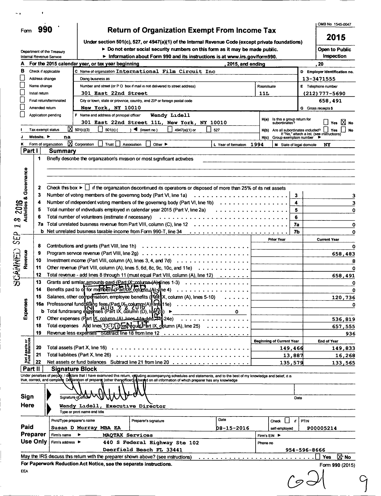 Image of first page of 2015 Form 990 for International Film Circuit International Film Circuit