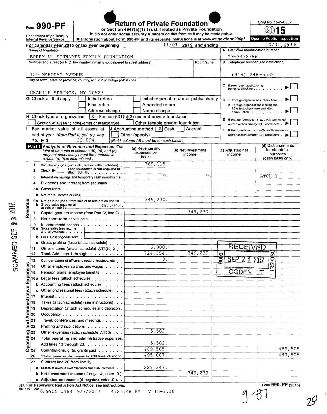 Image of first page of 2015 Form 990PF for Barry K Schwartz Family Foundation