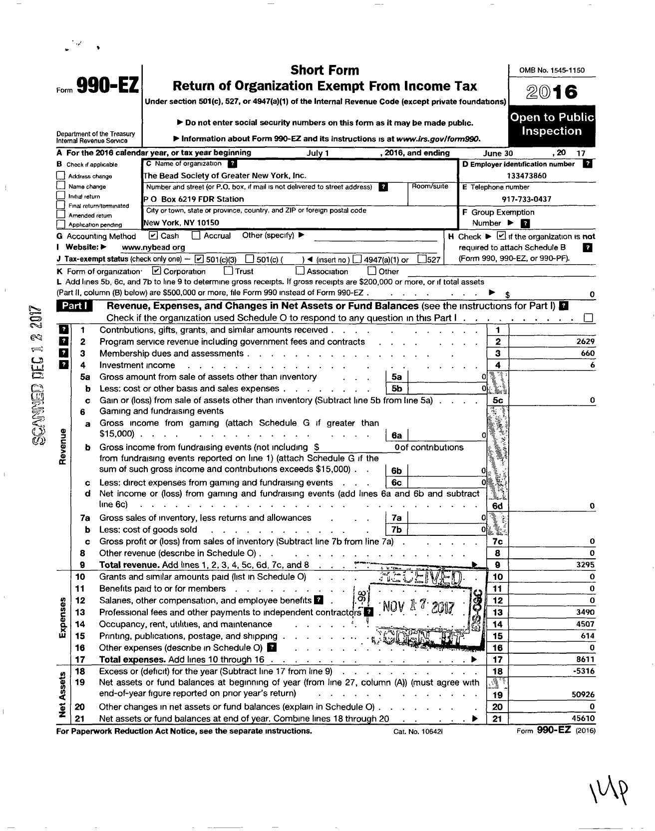 Image of first page of 2016 Form 990EZ for The Bead Society of Greater New York