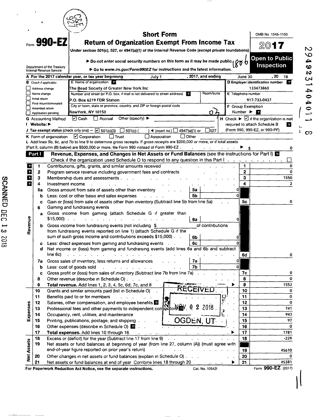 Image of first page of 2017 Form 990EZ for The Bead Society of Greater New York