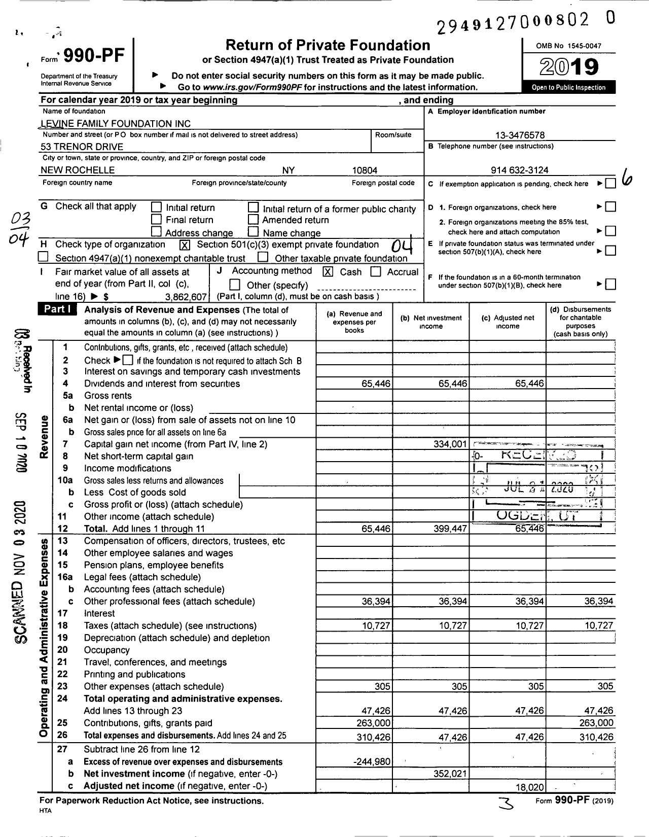 Image of first page of 2019 Form 990PF for Levine Family Foundation