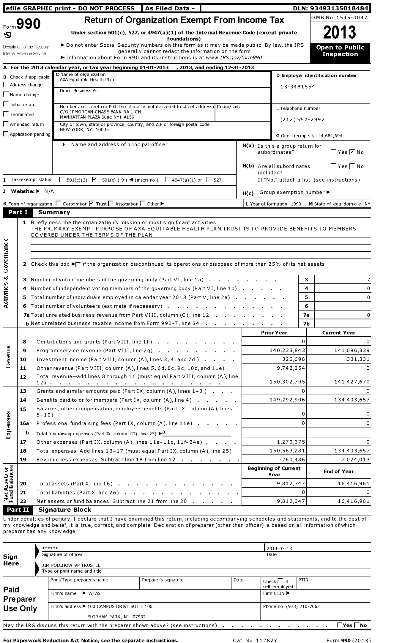 Image of first page of 2013 Form 990O for AXA Equitable Health Plan