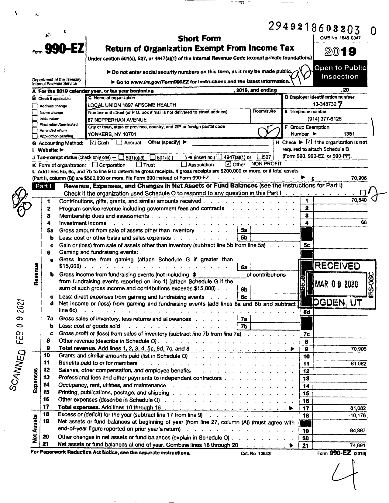 Image of first page of 2019 Form 990EO for American Federation of State County & Municipal Employees - L1897ny City of Yonkers Emps