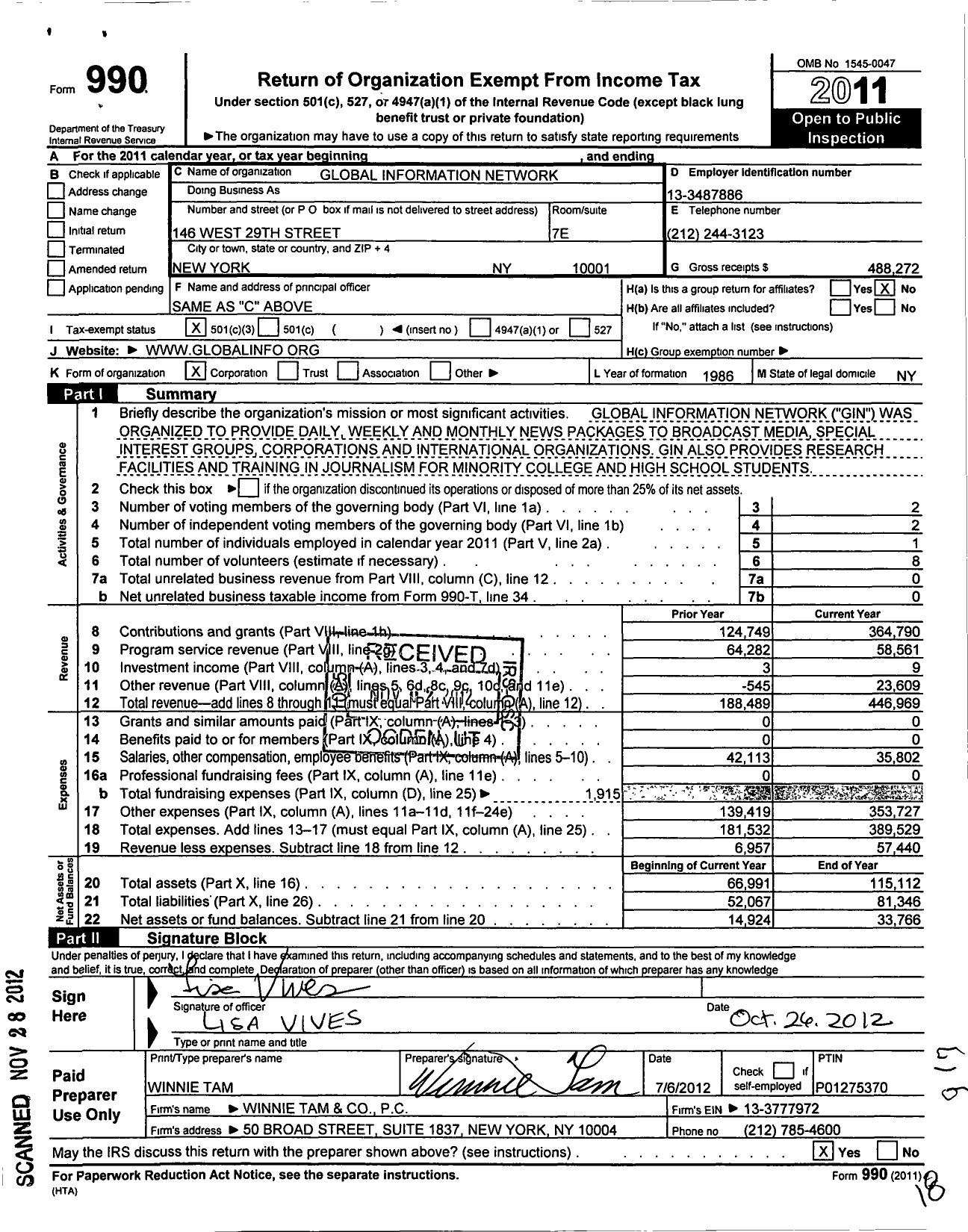 Image of first page of 2011 Form 990 for Global Information Network