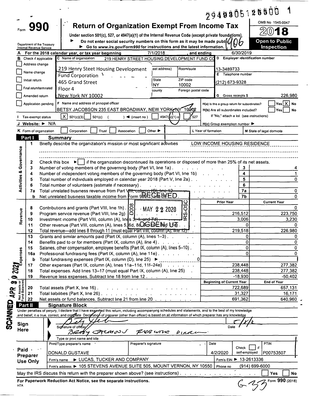 Image of first page of 2018 Form 990 for 219 Henry Street Housing Development Fund Corporation