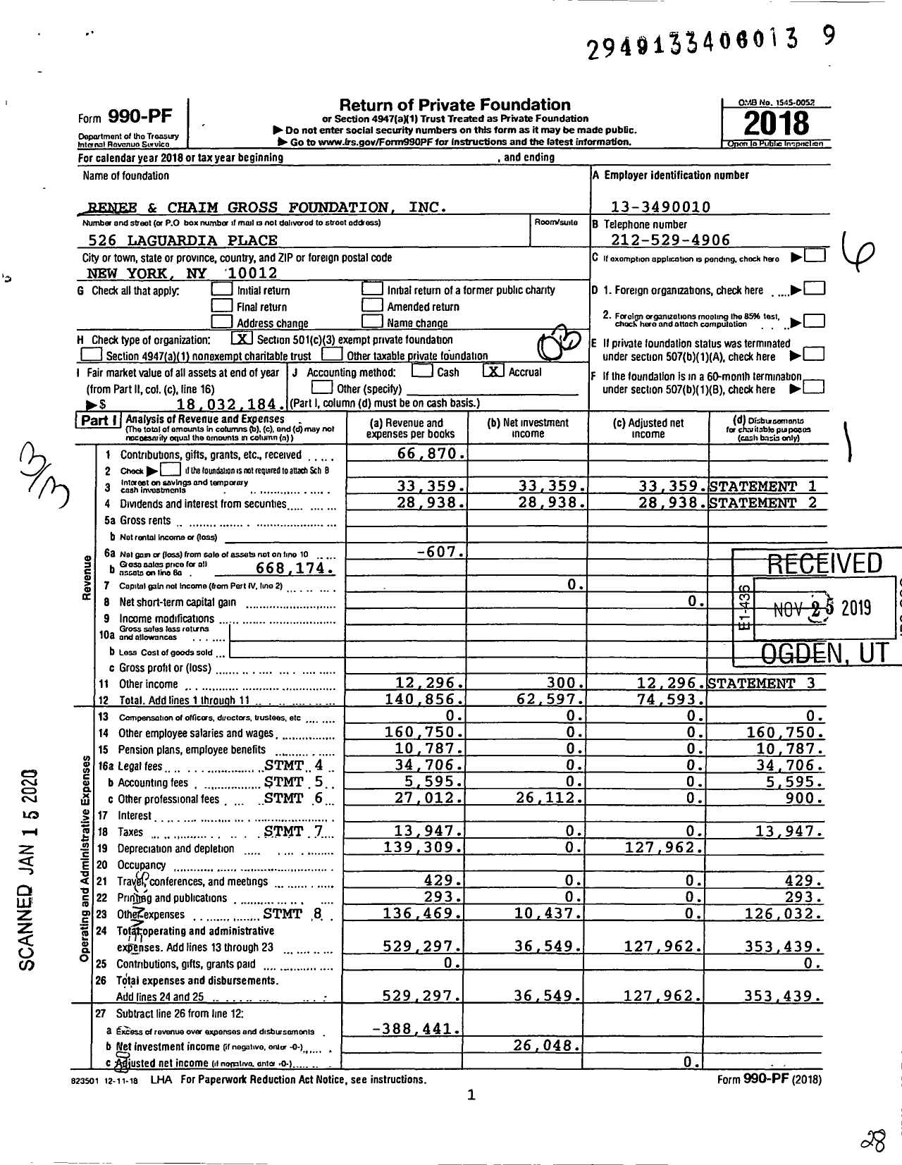 Image of first page of 2018 Form 990PF for Renee and Chaim Gross Foundation