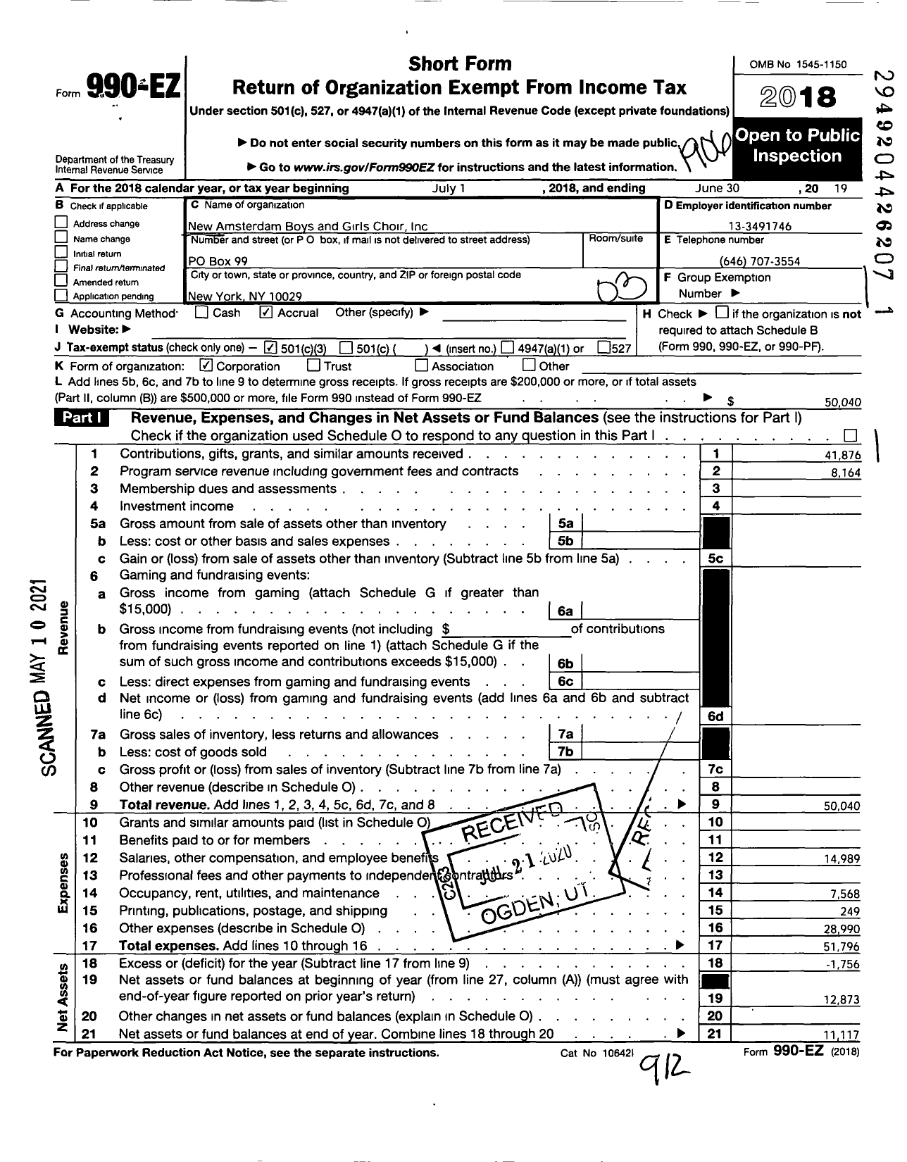 Image of first page of 2018 Form 990EZ for New Amsterdam Boys Choir