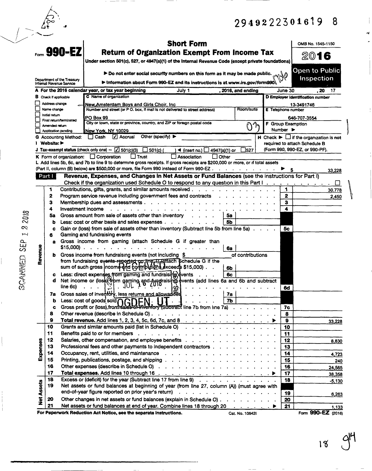 Image of first page of 2016 Form 990EZ for New Amsterdam Boys Choir