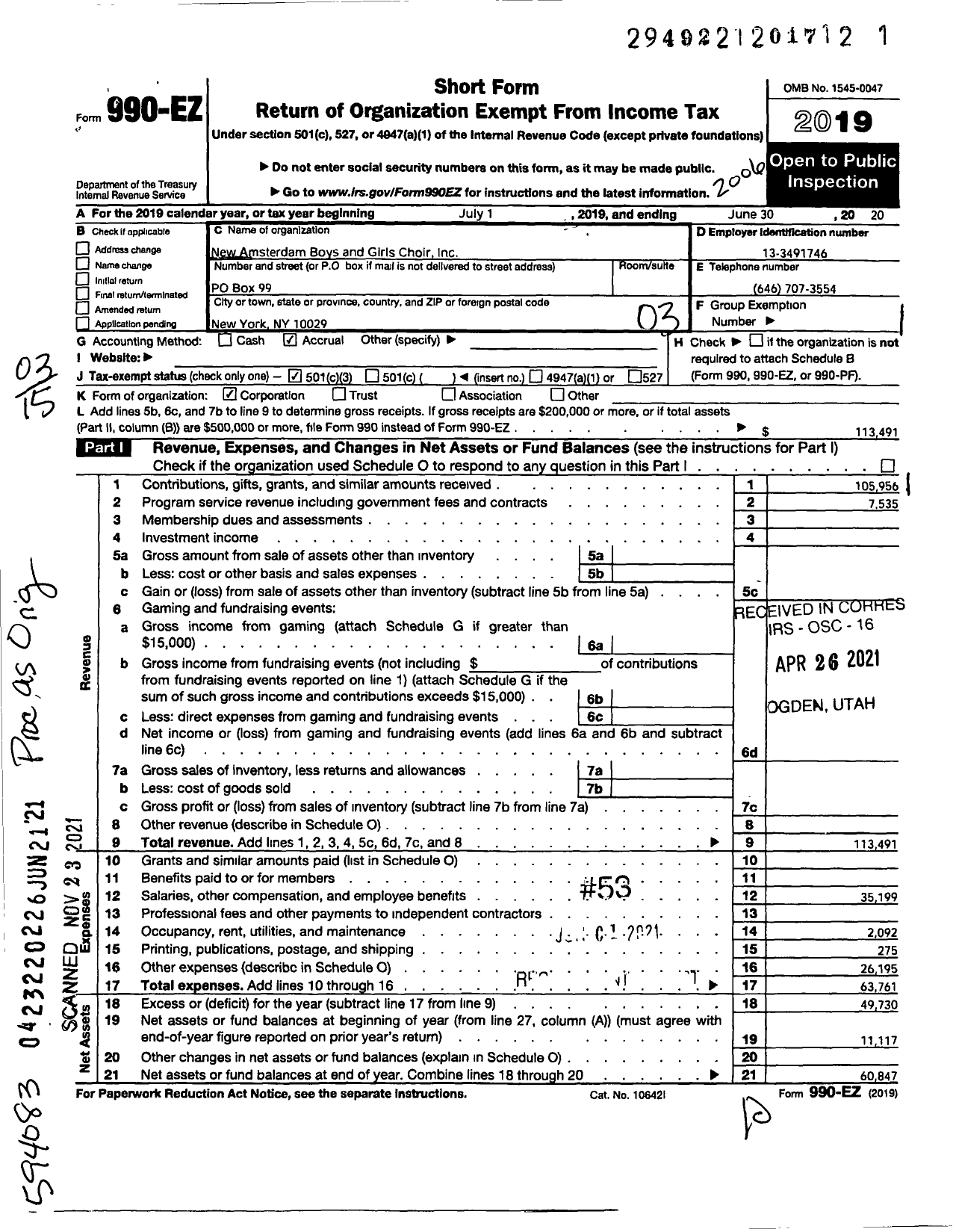 Image of first page of 2019 Form 990EZ for New Amsterdam Boys Choir