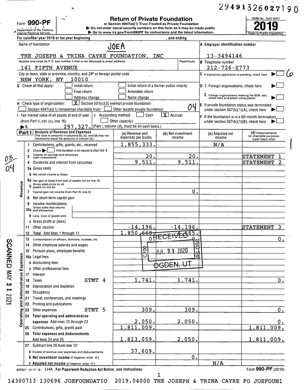 Image of first page of 2019 Form 990PF for Joe and Trina Cayre Foundation