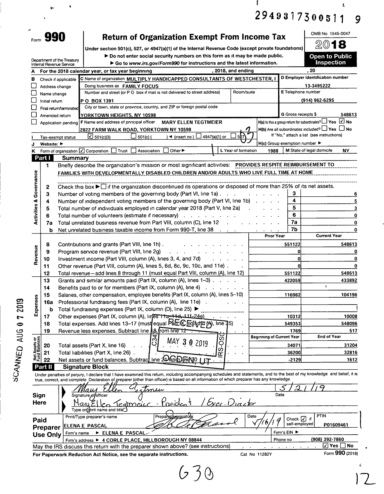 Image of first page of 2018 Form 990 for Family Focus / Multiply Handicapped Consultants of Westchester Inc