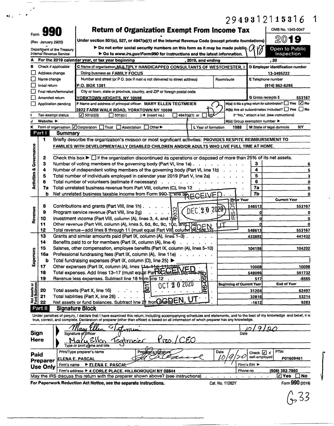 Image of first page of 2019 Form 990 for Family Focus / Multiply Handicapped Consultants of Westchester Inc
