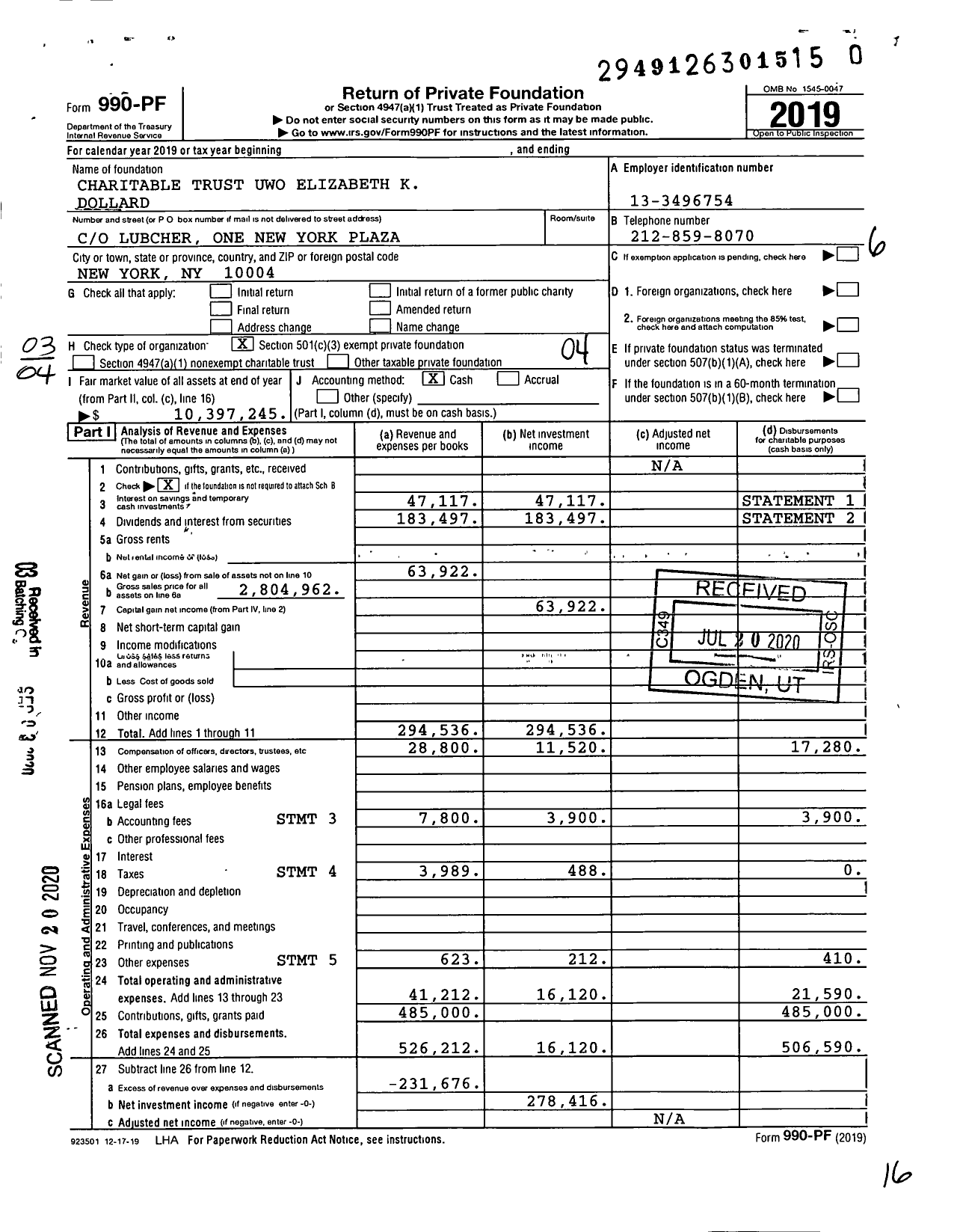 Image of first page of 2019 Form 990PF for Charitable Trust Uwo Elizabeth K Dollard