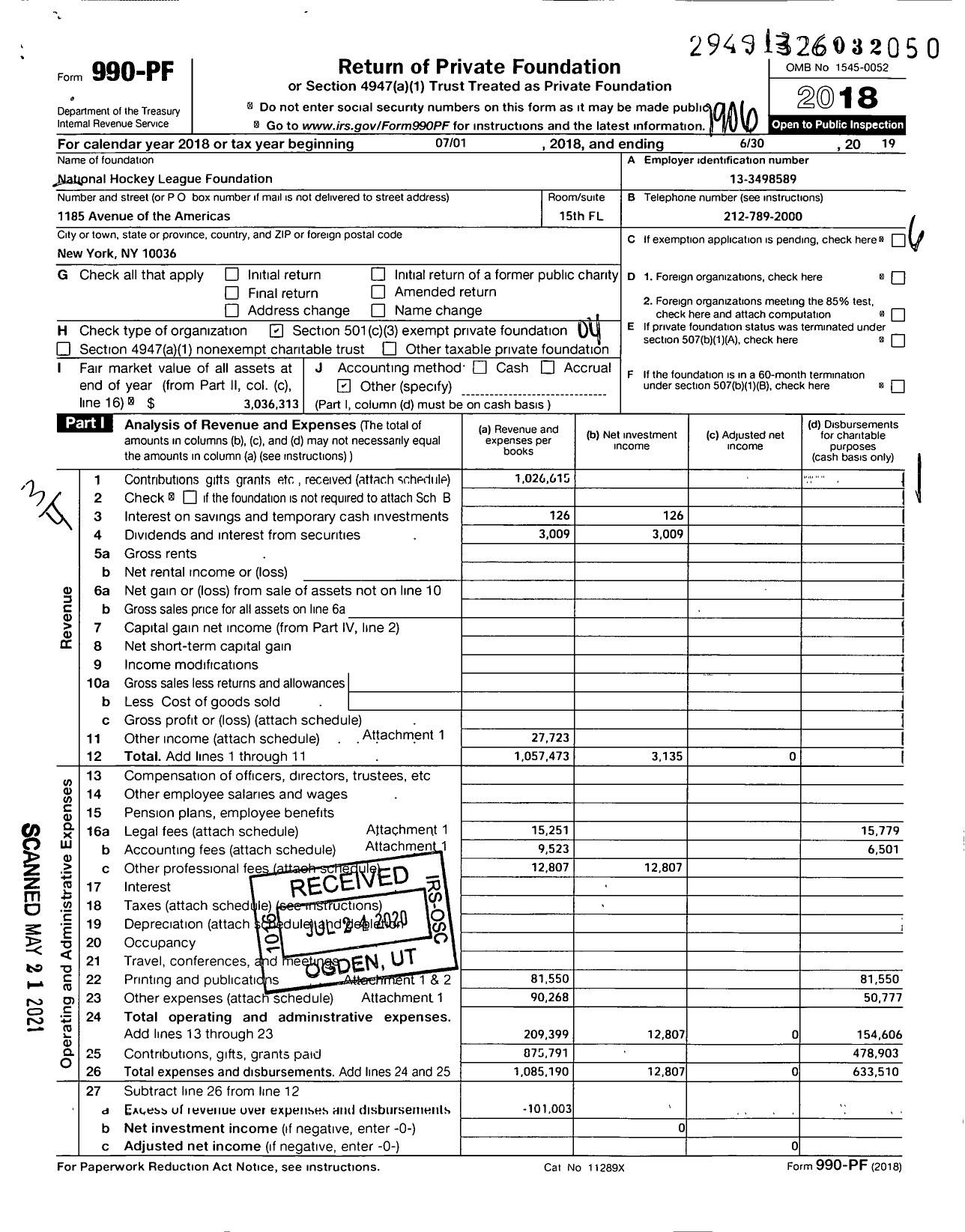 Image of first page of 2018 Form 990PF for NHL Foundation Us