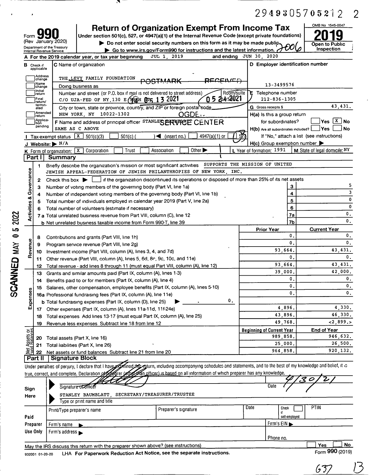 Image of first page of 2019 Form 990 for The Levy Family Foundation