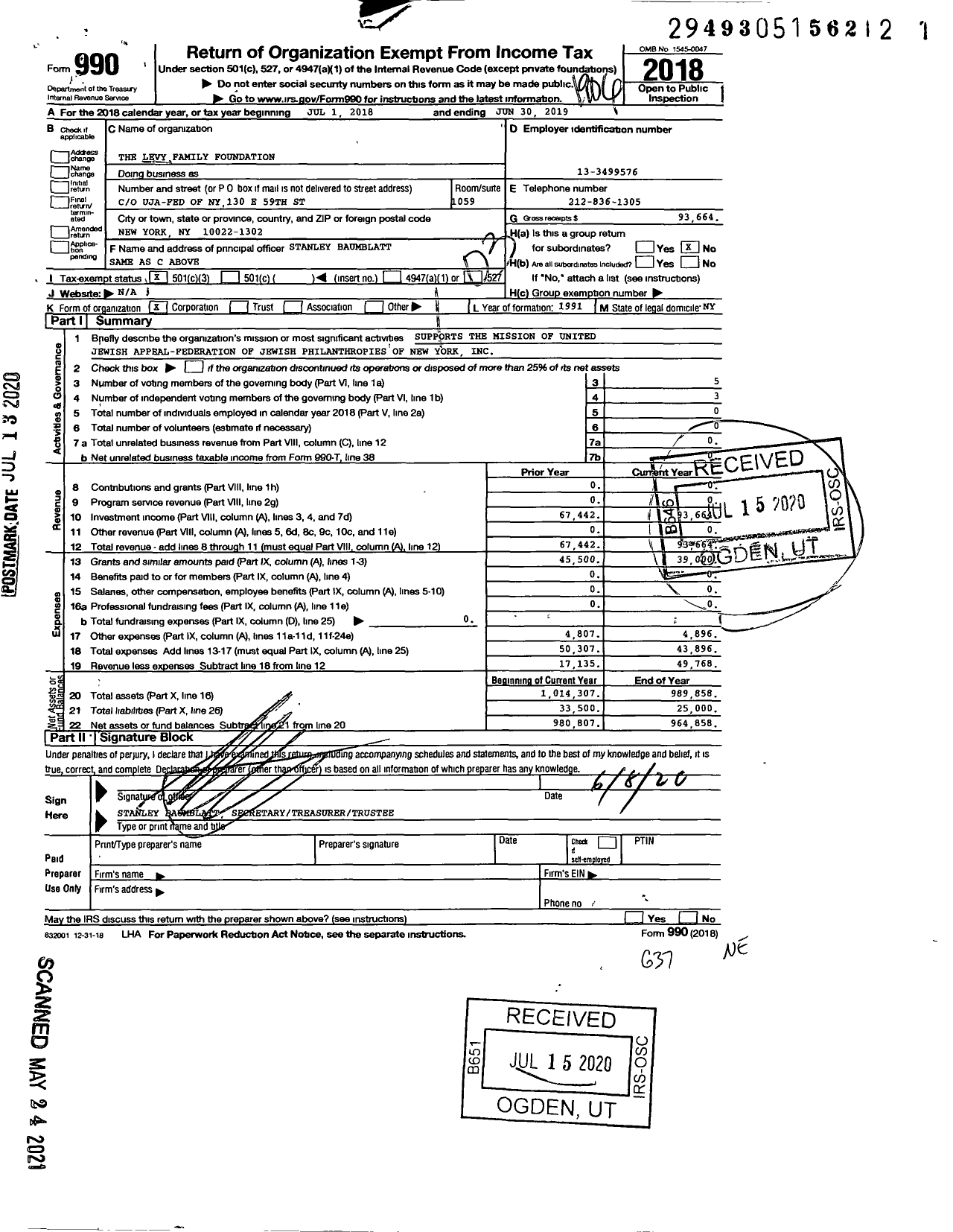 Image of first page of 2018 Form 990 for The Levy Family Foundation