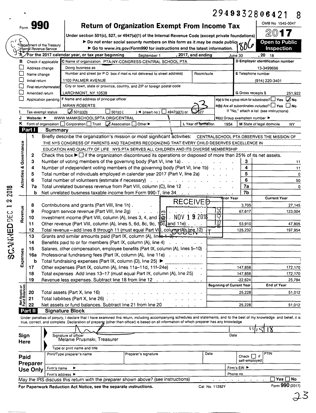 Image of first page of 2017 Form 990 for New York State PTA - 18-170 Central School PTA