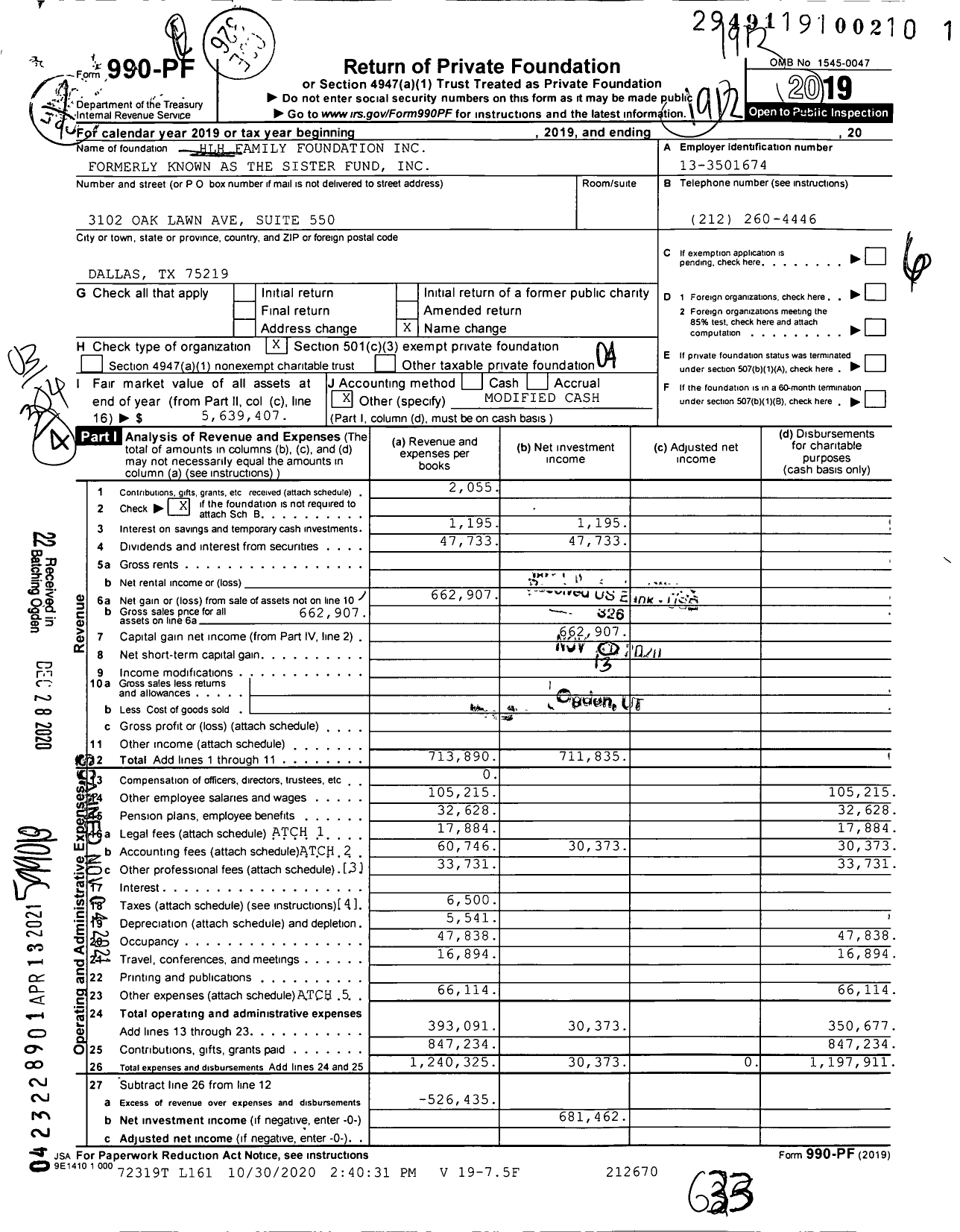 Image of first page of 2019 Form 990PF for HLH Family Foundation