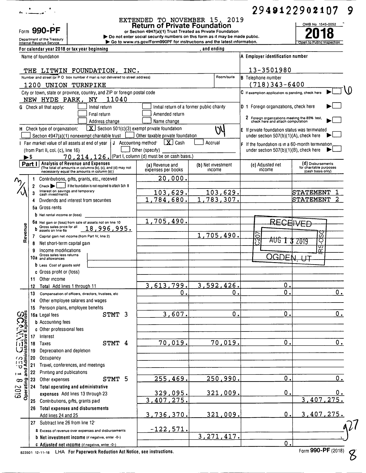 Image of first page of 2018 Form 990PF for Litwin Foundation