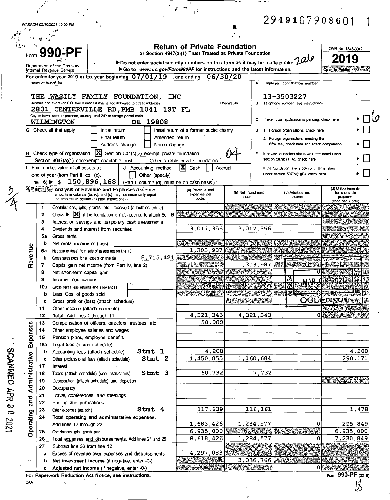 Image of first page of 2019 Form 990PF for Wasily Family Foundation