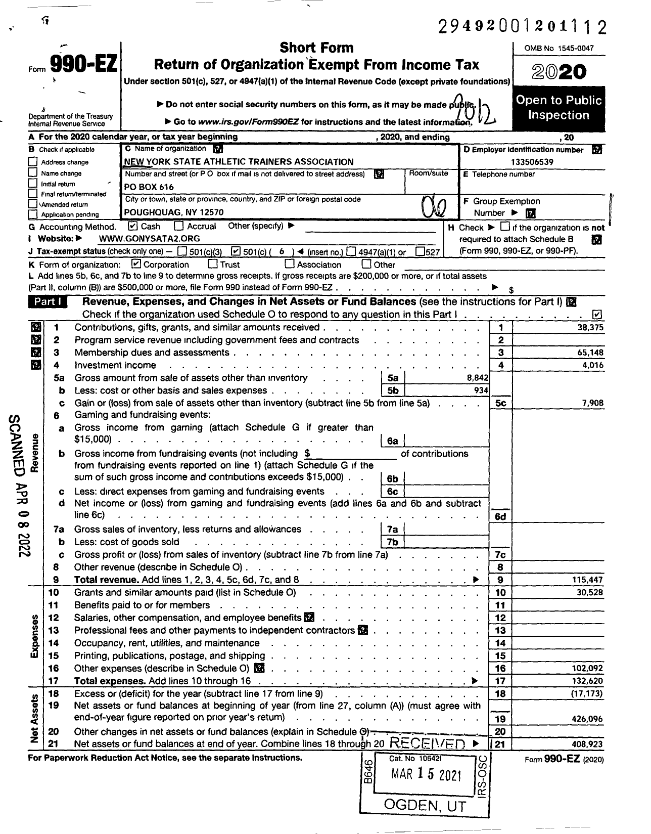 Image of first page of 2020 Form 990EO for New York State Athletic Trainers Association