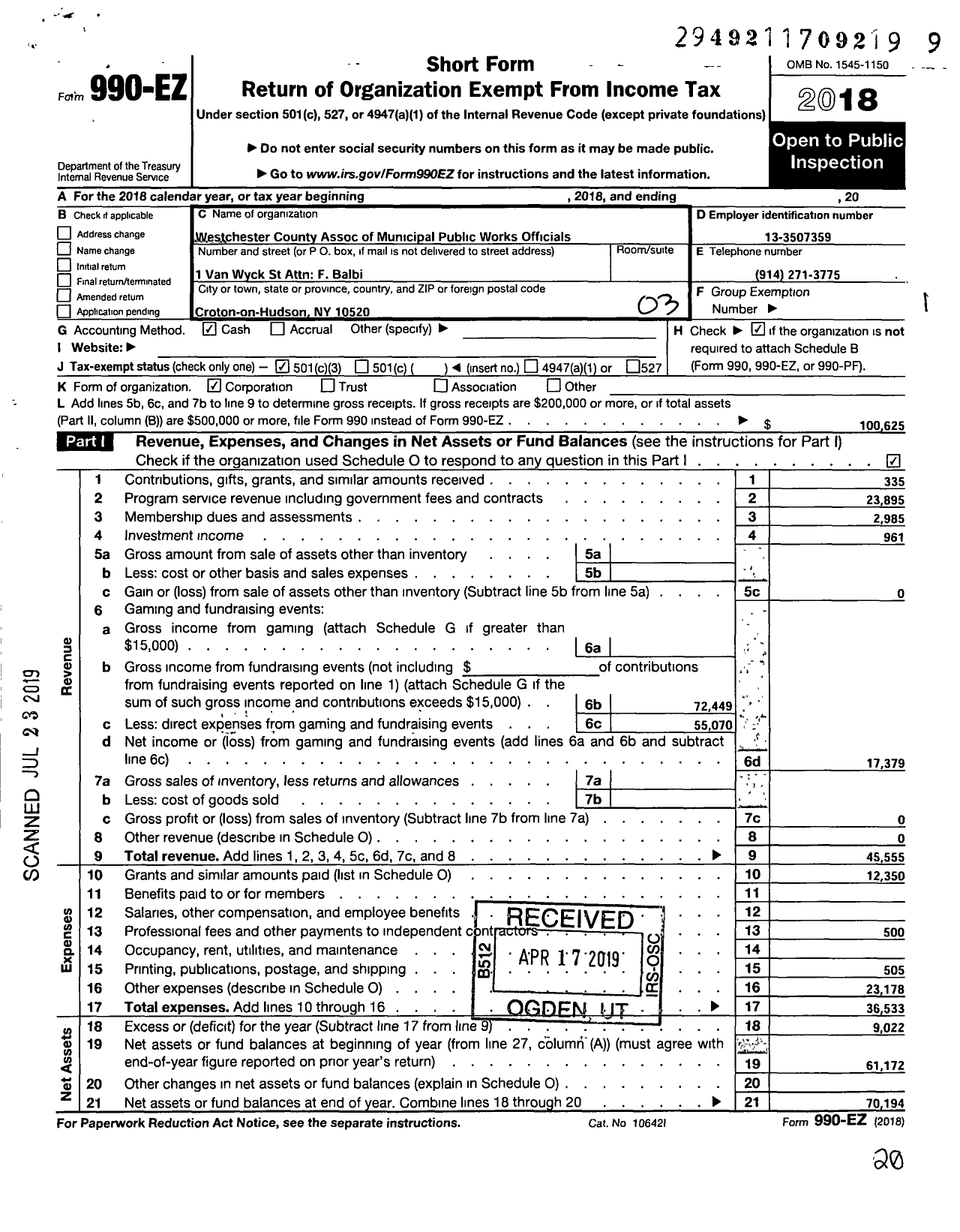 Image of first page of 2018 Form 990EZ for Westchester County Association of Municipal Public Works