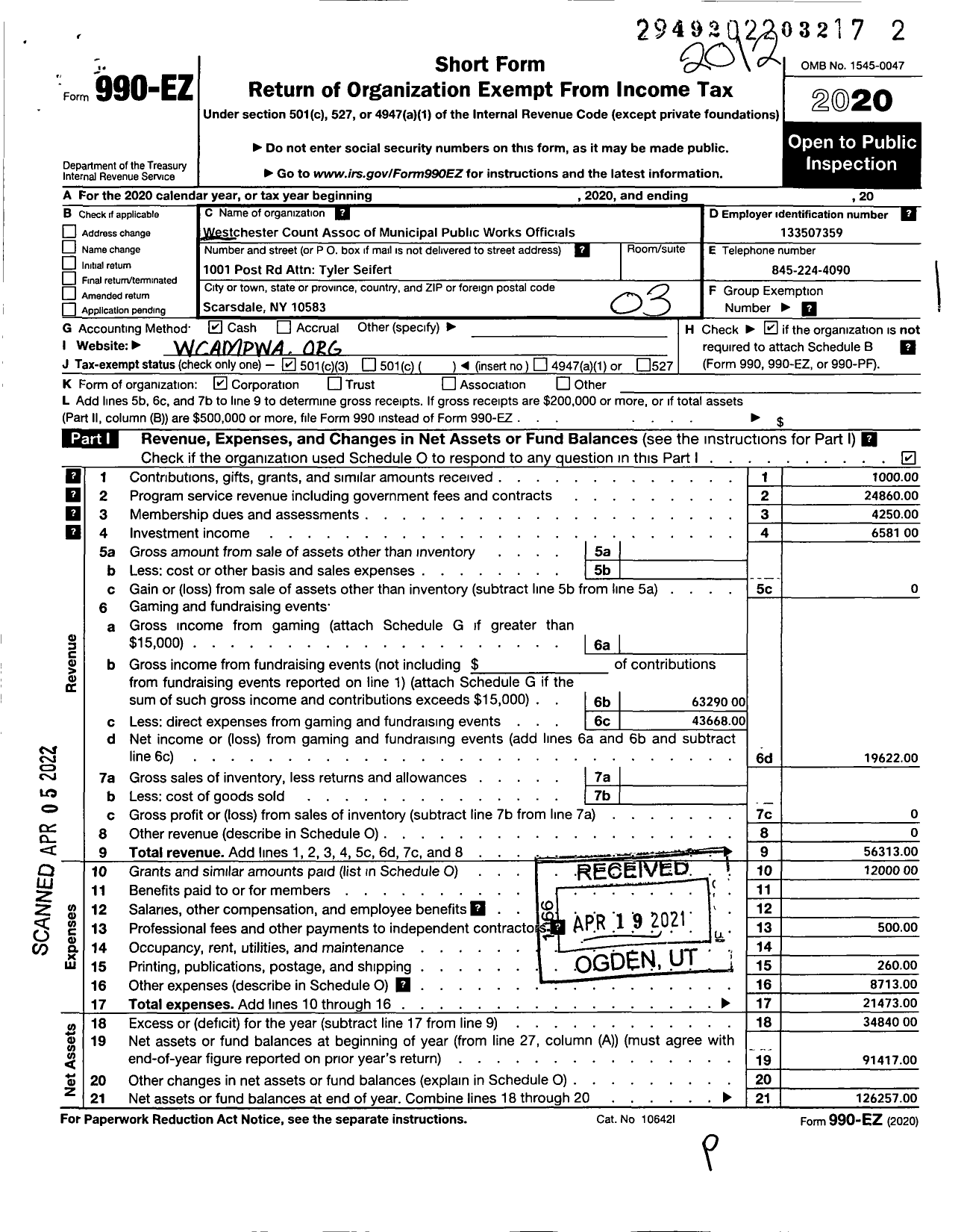 Image of first page of 2020 Form 990EZ for Westchester County Association of Municipal Public Works