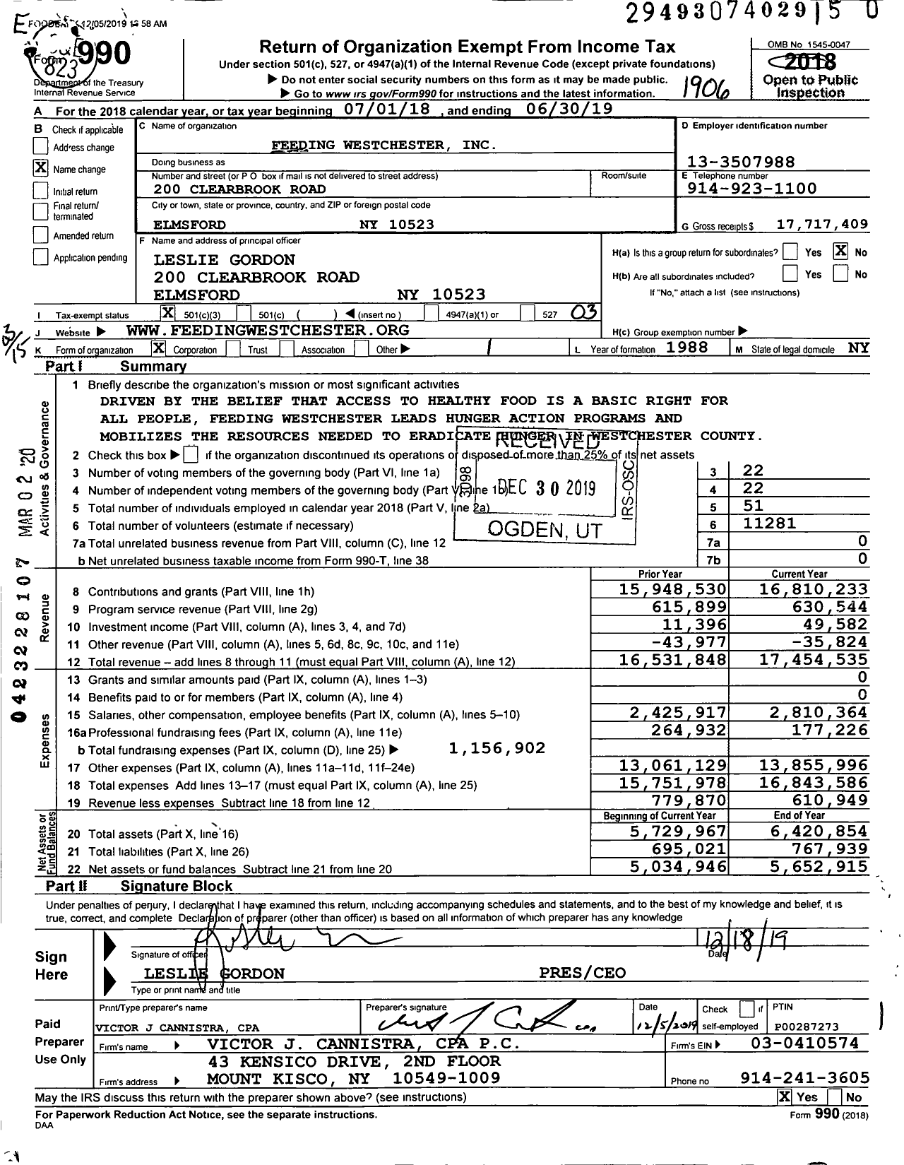 Image of first page of 2018 Form 990 for Feeding Westchester (FB4W)