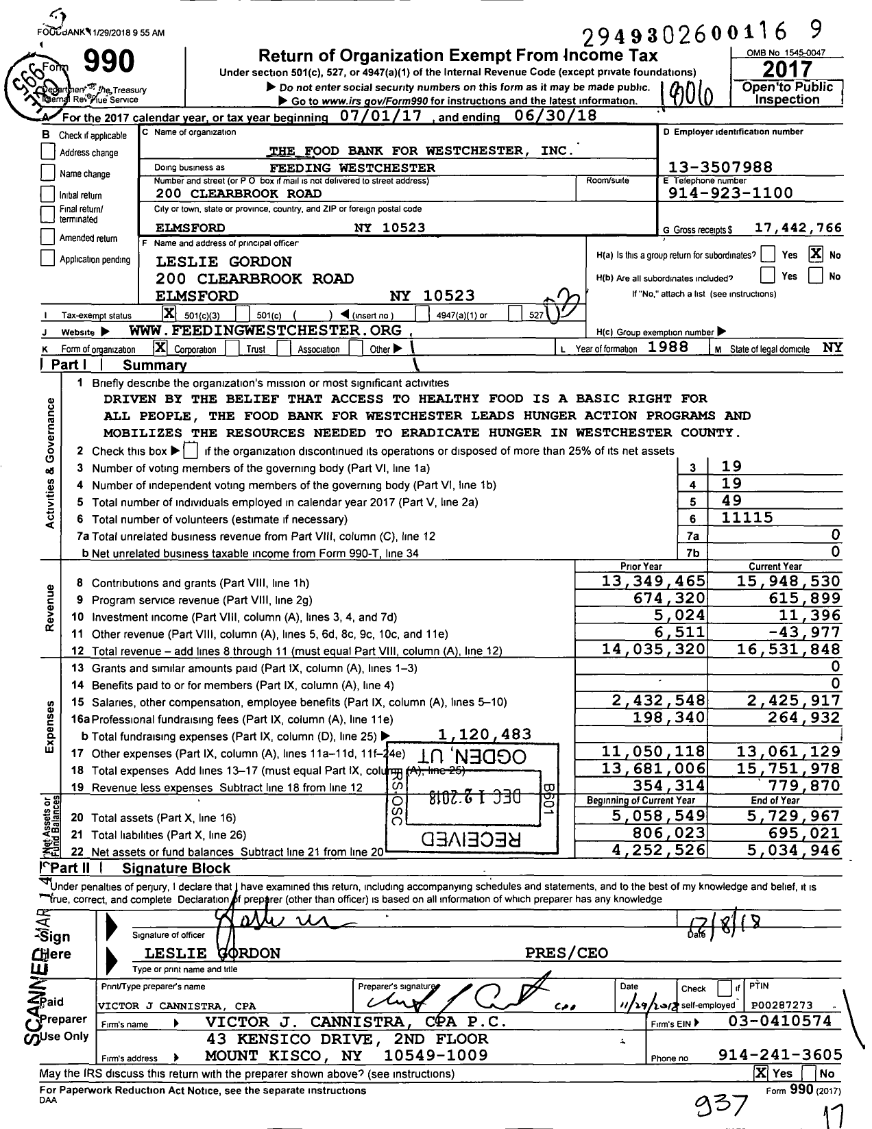 Image of first page of 2017 Form 990 for Feeding Westchester (FB4W)