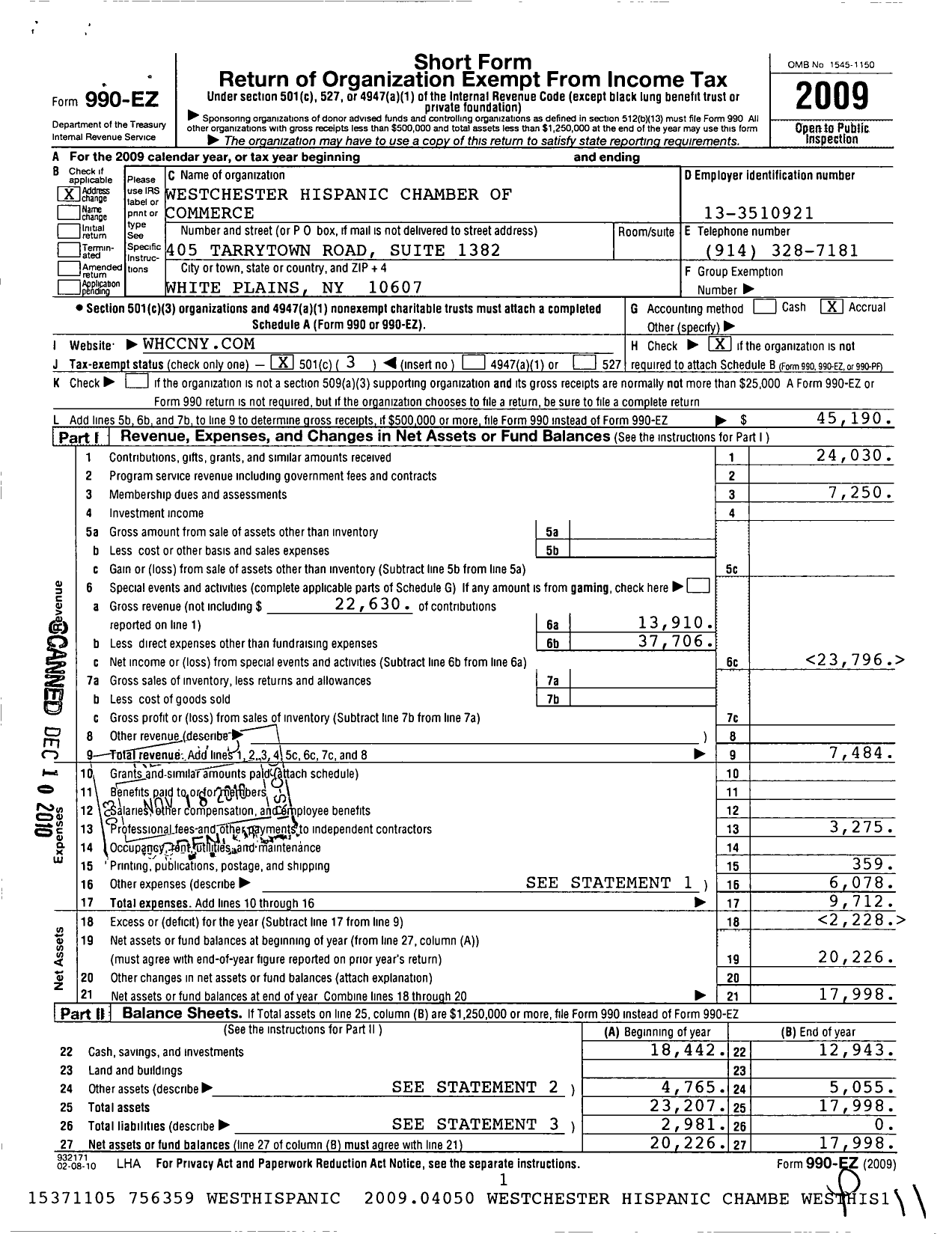 Image of first page of 2009 Form 990EZ for Westchester Hispanic Chamber of Commerce