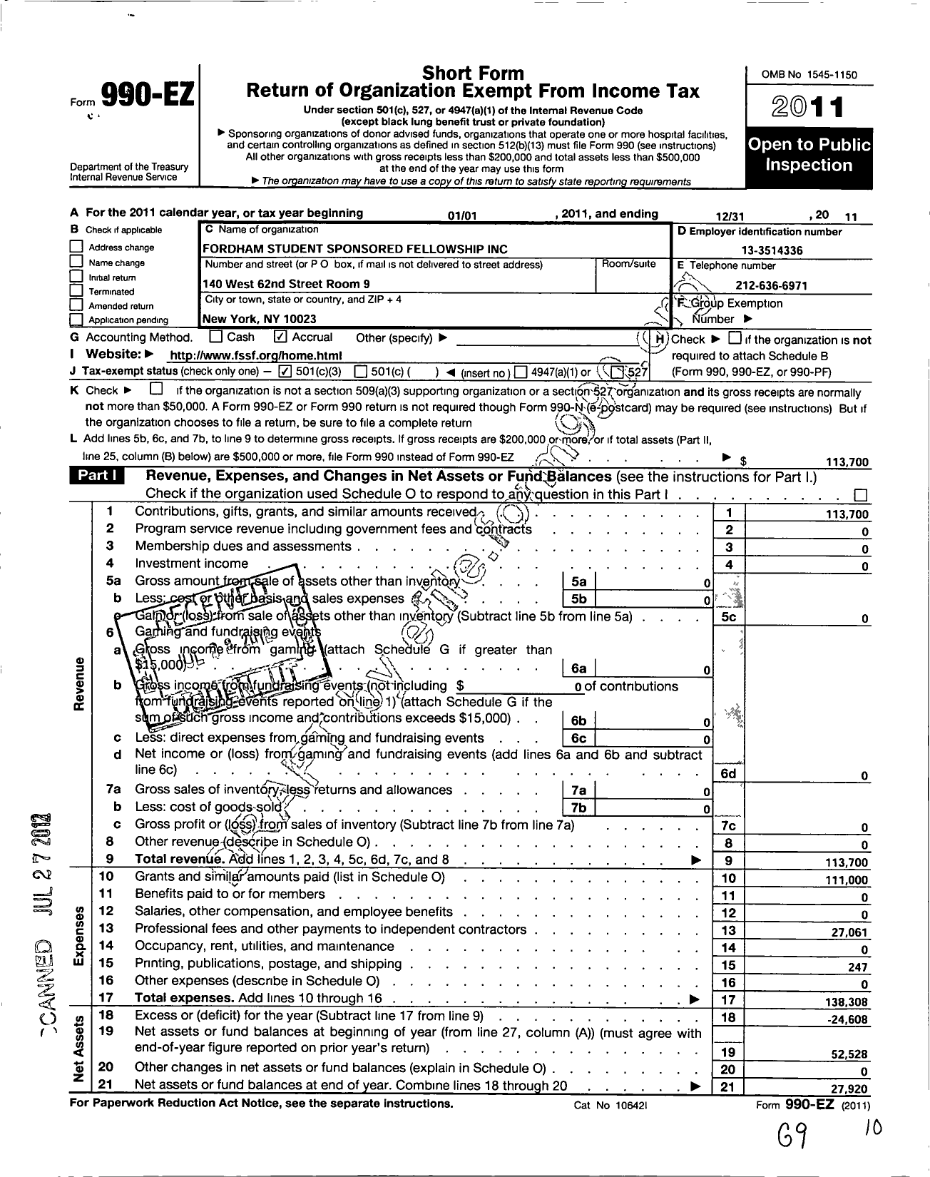 Image of first page of 2011 Form 990EZ for Fordham Student Sponsored Fellowship