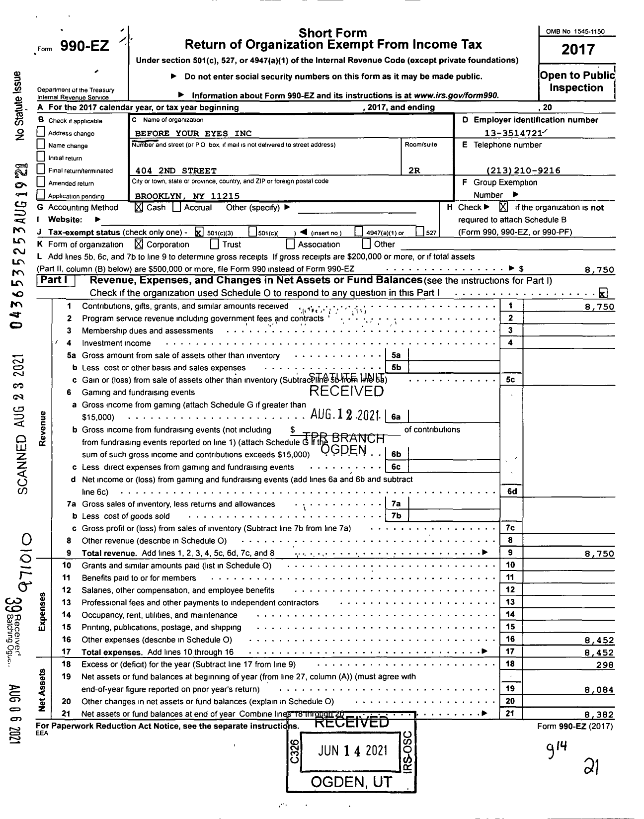 Image of first page of 2017 Form 990EA for Before Your Eyes