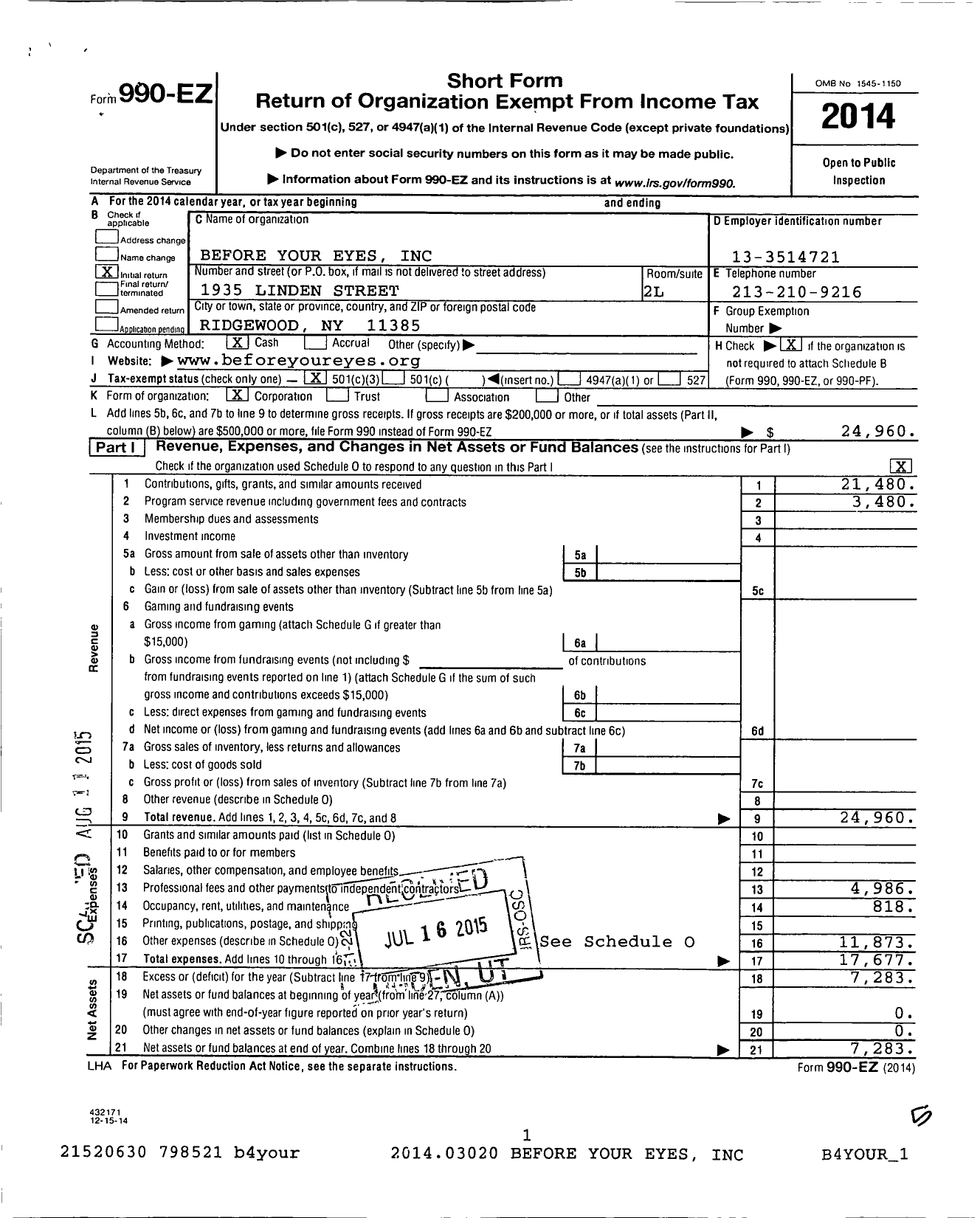 Image of first page of 2014 Form 990EZ for Before Your Eyes