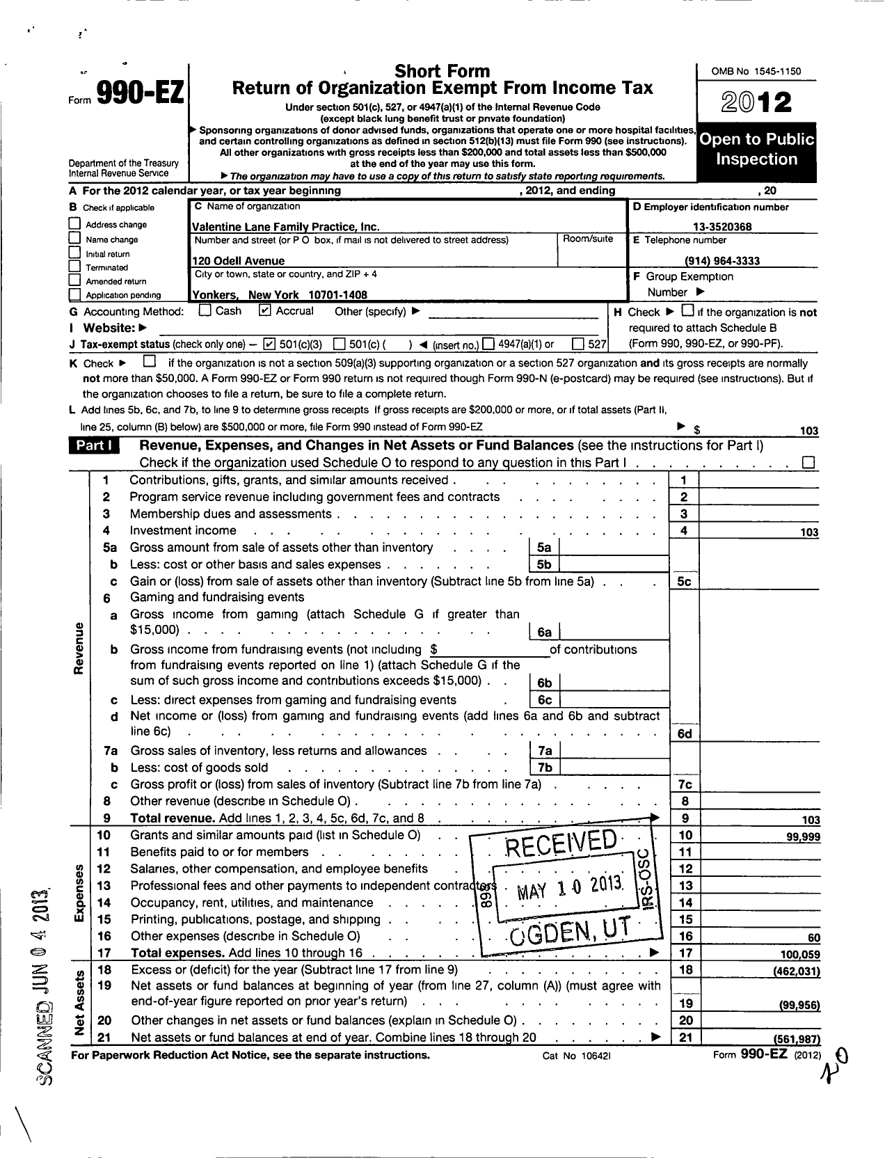 Image of first page of 2012 Form 990EZ for Valentine Lane Family Practice Center