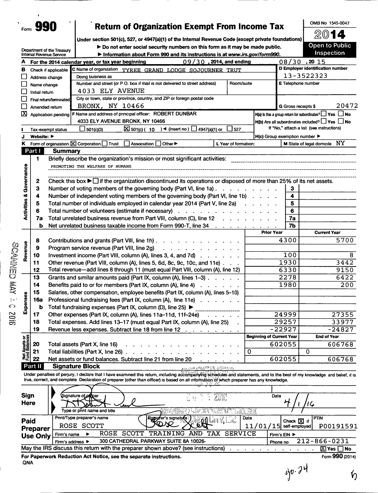 Image of first page of 2014 Form 990O for Tyree Grand Lodge Sojourner Truth