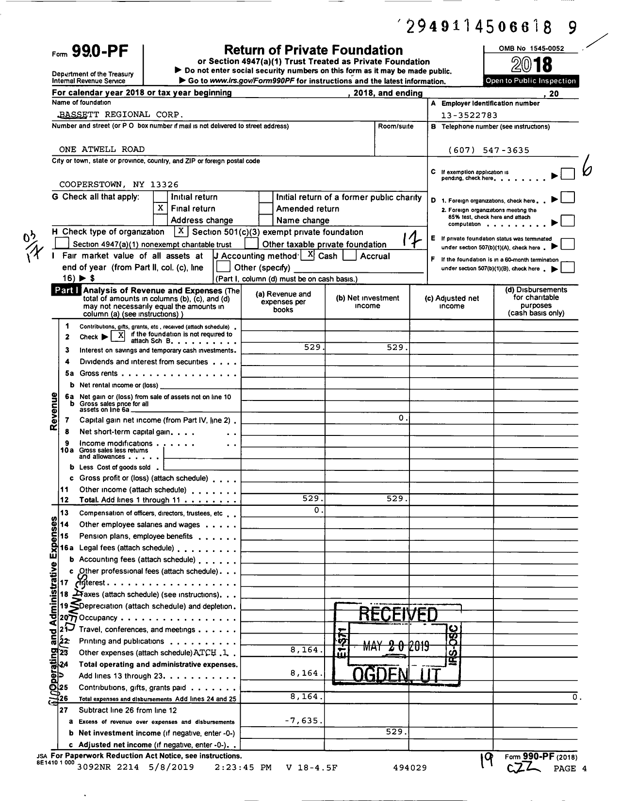 Image of first page of 2018 Form 990PF for Bassett Regional Corporation