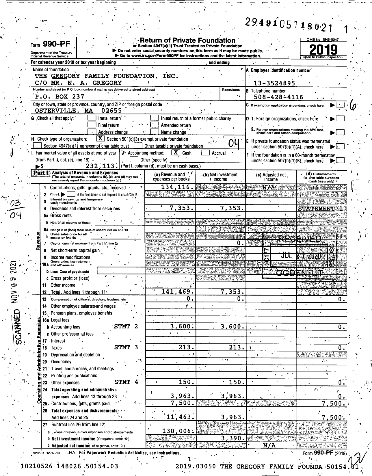 Image of first page of 2019 Form 990PF for The Gregory Family Foundation