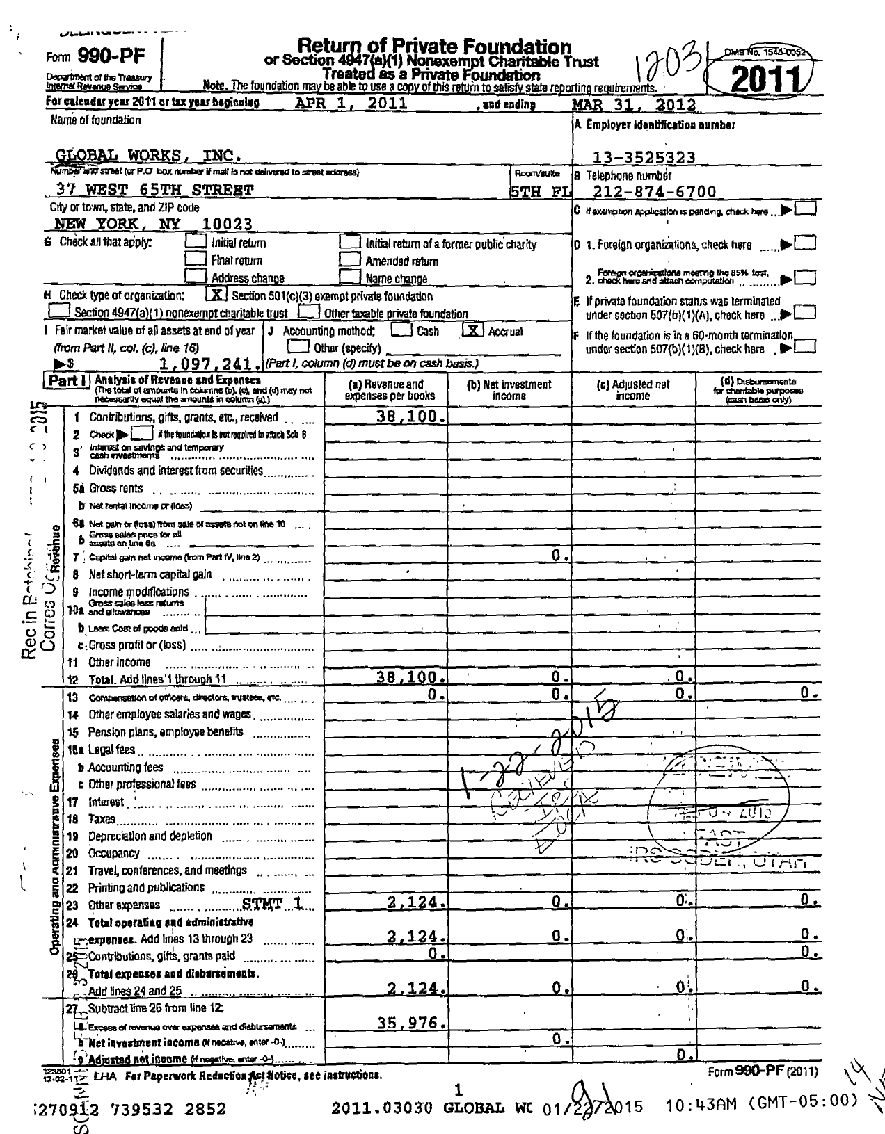 Image of first page of 2011 Form 990PF for Global Works