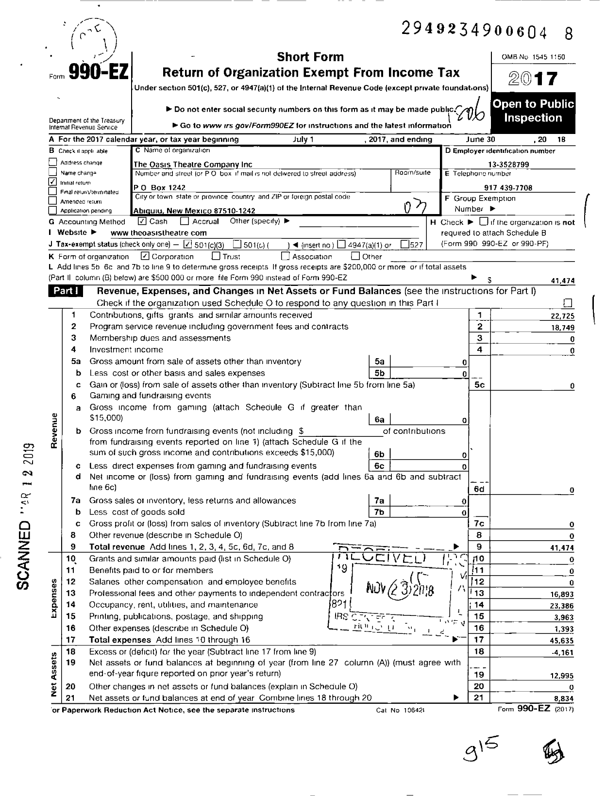 Image of first page of 2017 Form 990EZ for Oasis Theatre Company