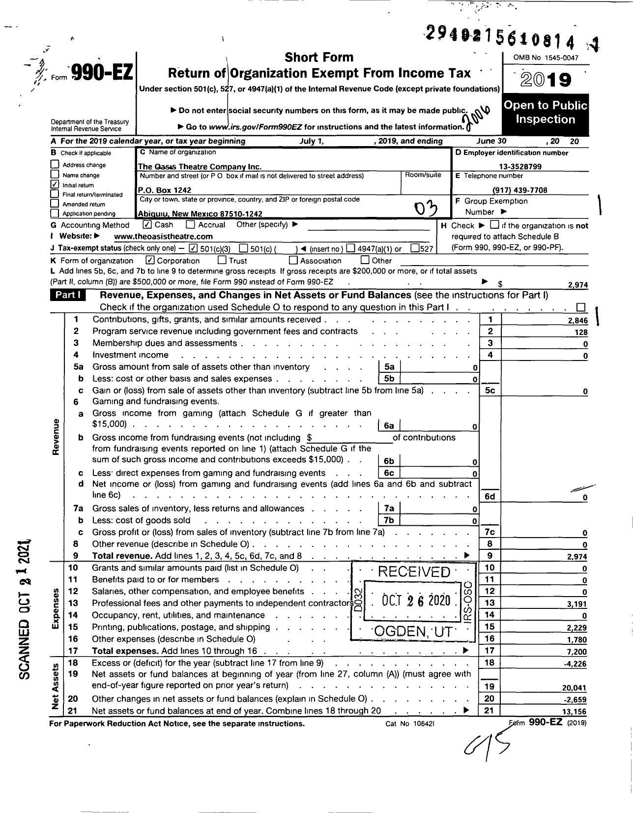 Image of first page of 2019 Form 990EZ for Oasis Theatre Company