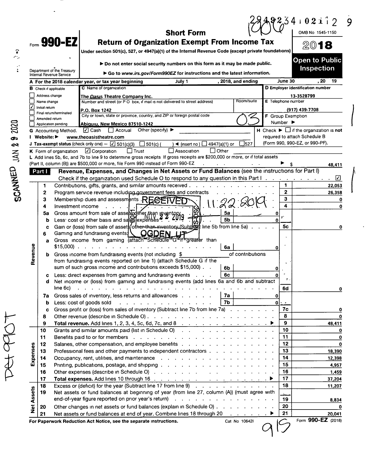 Image of first page of 2018 Form 990EZ for Oasis Theatre Company