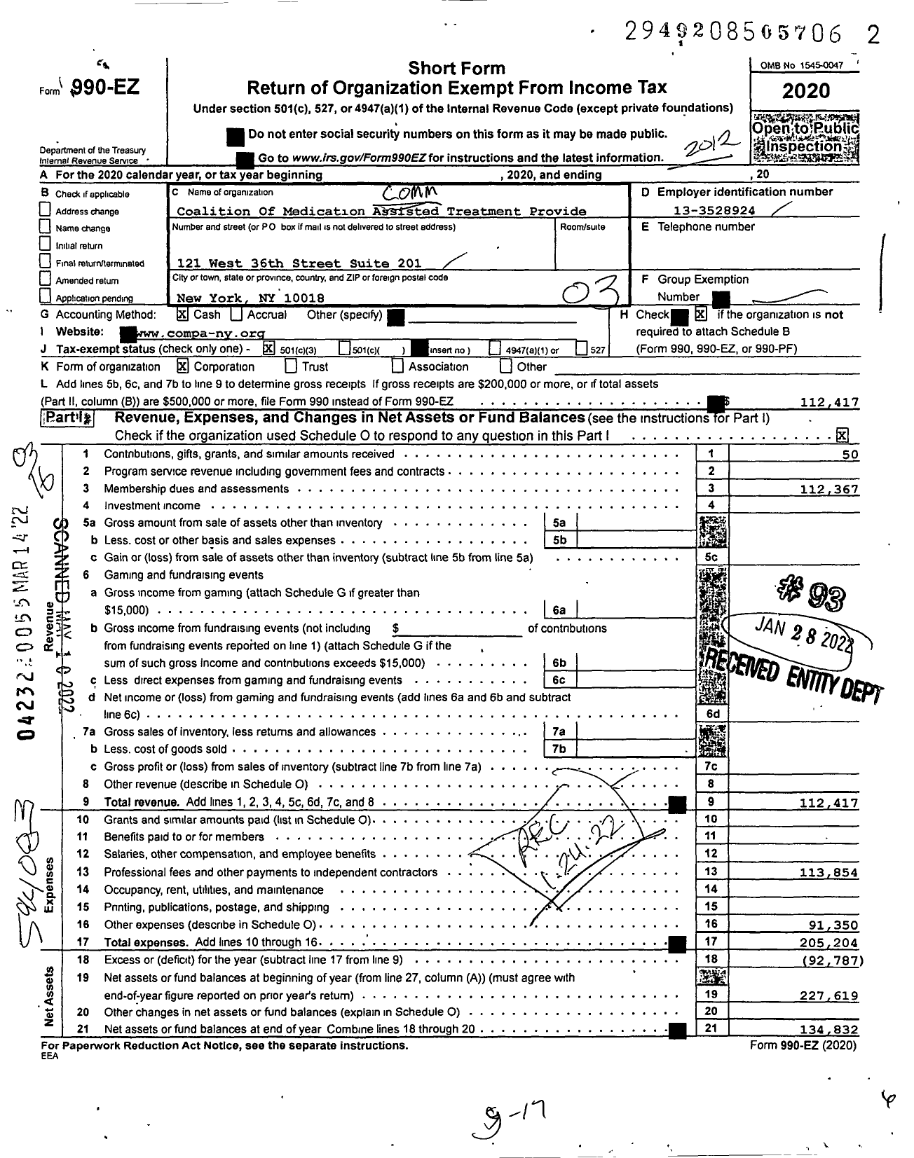 Image of first page of 2020 Form 990EZ for Coalition Of Medication Assisted Treatment Provide