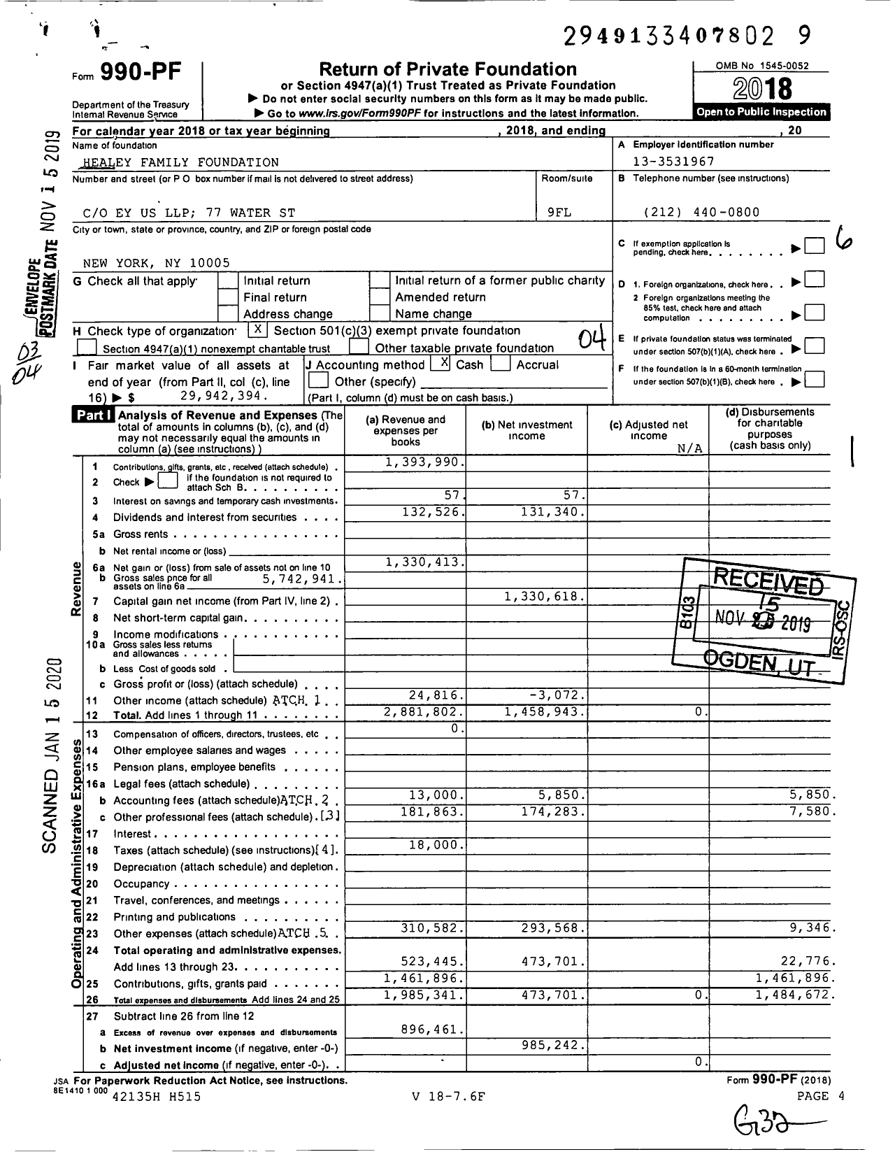 Image of first page of 2018 Form 990PF for Healey Family Foundation