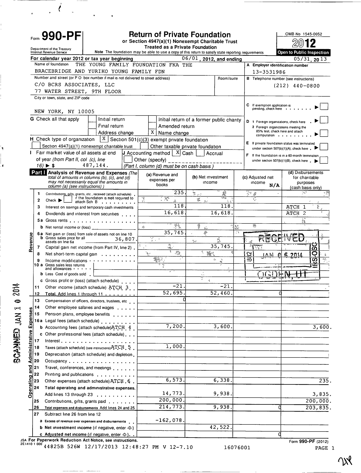 Image of first page of 2012 Form 990PF for Young Family Foundation