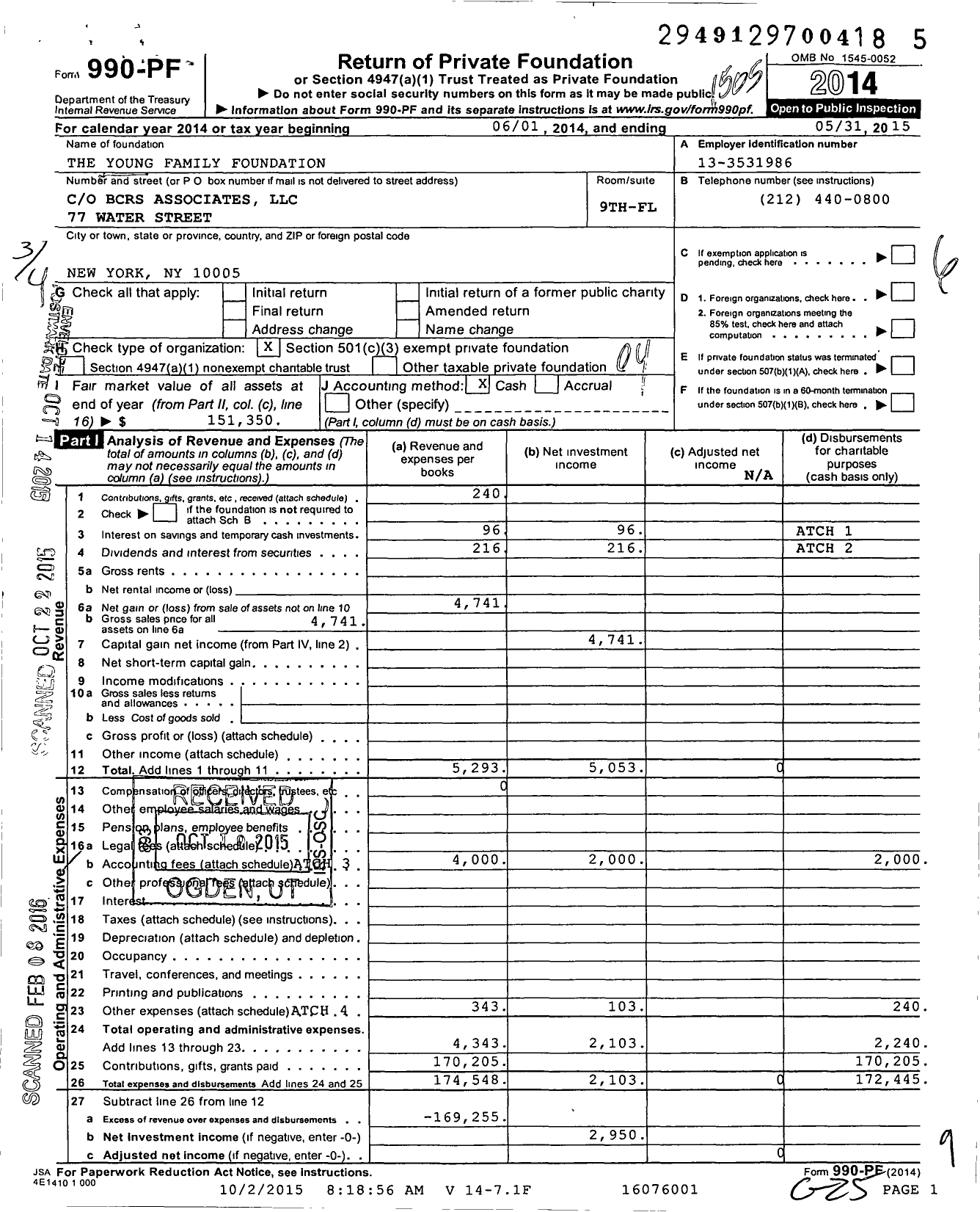 Image of first page of 2014 Form 990PF for Young Family Foundation